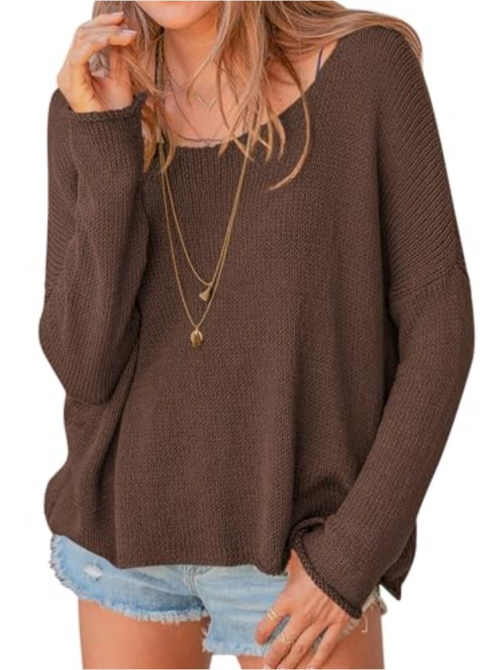 Oversized Scoop Neck Pullover Sweater Cotton Knit Cozy Fall Winter Top